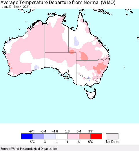 Australia Average Temperature Departure from Normal (WMO) Thematic Map For 1/29/2024 - 2/4/2024