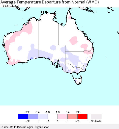 Australia Average Temperature Departure from Normal (WMO) Thematic Map For 2/5/2024 - 2/11/2024