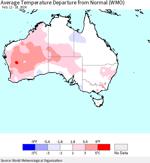 Australia Average Temperature Departure from Normal (WMO) Thematic Map For 2/12/2024 - 2/18/2024