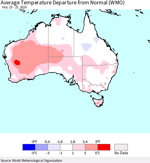 Australia Average Temperature Departure from Normal (WMO) Thematic Map For 2/19/2024 - 2/25/2024