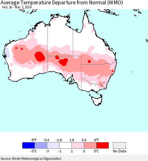 Australia Average Temperature Departure from Normal (WMO) Thematic Map For 2/26/2024 - 3/3/2024