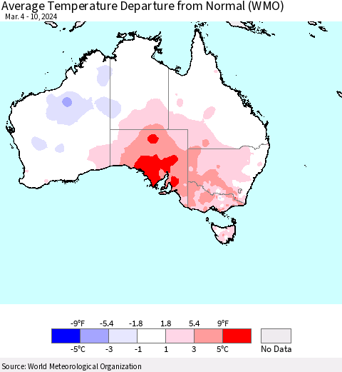 Australia Average Temperature Departure from Normal (WMO) Thematic Map For 3/4/2024 - 3/10/2024