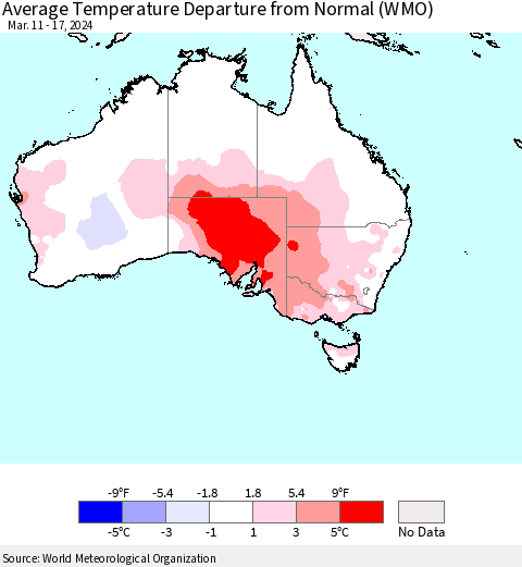 Australia Average Temperature Departure from Normal (WMO) Thematic Map For 3/11/2024 - 3/17/2024