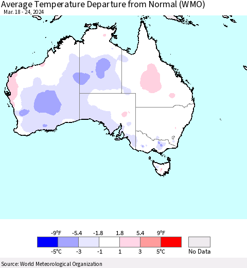 Australia Average Temperature Departure from Normal (WMO) Thematic Map For 3/18/2024 - 3/24/2024
