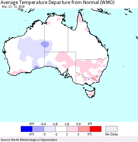Australia Average Temperature Departure from Normal (WMO) Thematic Map For 3/25/2024 - 3/31/2024