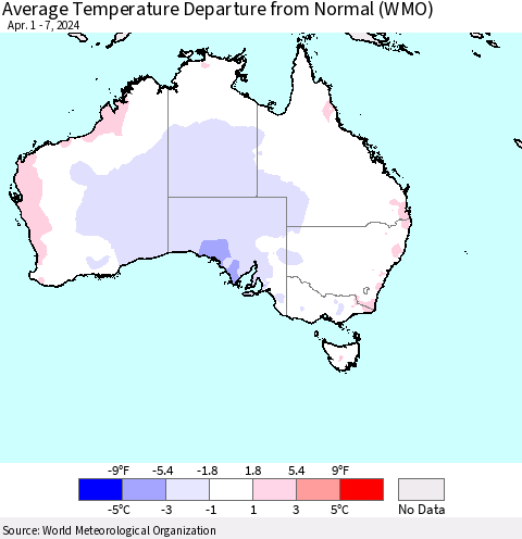 Australia Average Temperature Departure from Normal (WMO) Thematic Map For 4/1/2024 - 4/7/2024