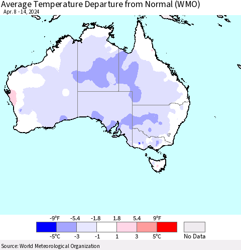 Australia Average Temperature Departure from Normal (WMO) Thematic Map For 4/8/2024 - 4/14/2024