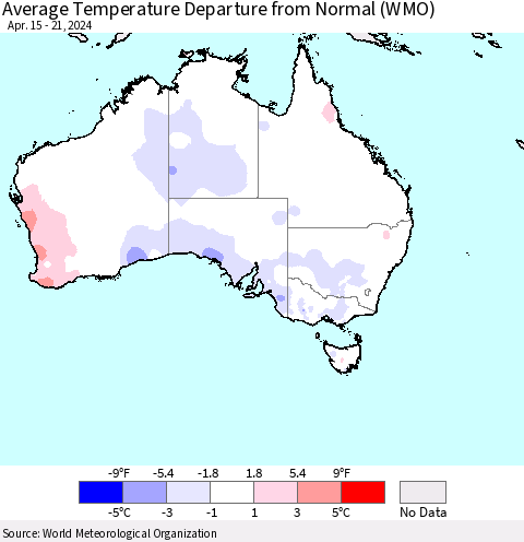 Australia Average Temperature Departure from Normal (WMO) Thematic Map For 4/15/2024 - 4/21/2024