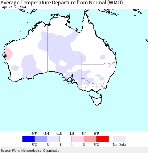 Australia Average Temperature Departure from Normal (WMO) Thematic Map For 4/22/2024 - 4/28/2024
