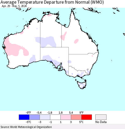 Australia Average Temperature Departure from Normal (WMO) Thematic Map For 4/29/2024 - 5/5/2024