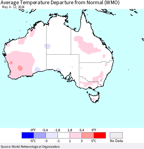 Australia Average Temperature Departure from Normal (WMO) Thematic Map For 5/6/2024 - 5/12/2024