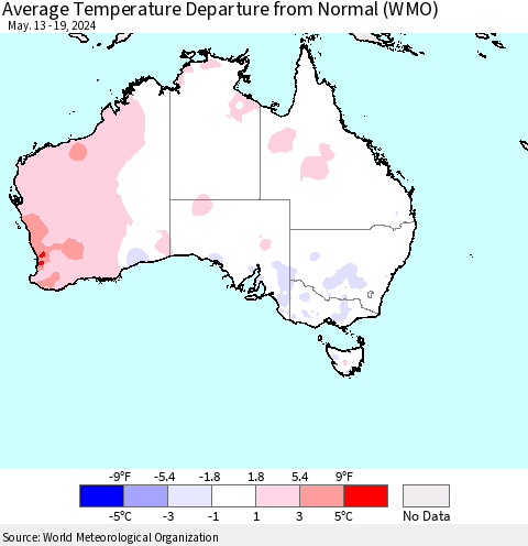 Australia Average Temperature Departure from Normal (WMO) Thematic Map For 5/13/2024 - 5/19/2024