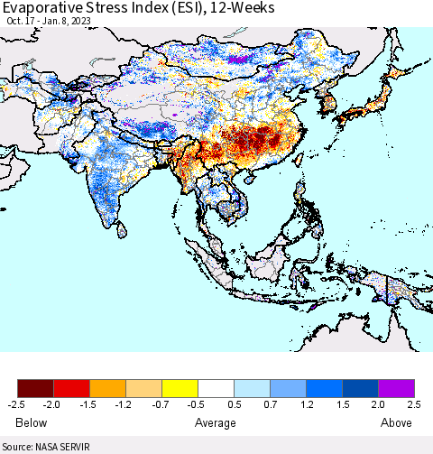 Asia Evaporative Stress Index (ESI), 12-Weeks Thematic Map For 1/2/2023 - 1/8/2023