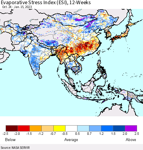 Asia Evaporative Stress Index (ESI), 12-Weeks Thematic Map For 1/9/2023 - 1/15/2023