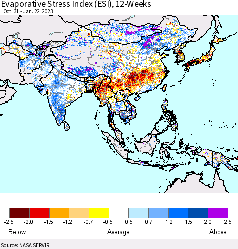 Asia Evaporative Stress Index (ESI), 12-Weeks Thematic Map For 1/16/2023 - 1/22/2023