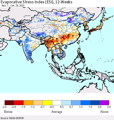 Asia Evaporative Stress Index (ESI), 12-Weeks Thematic Map For 1/23/2023 - 1/29/2023