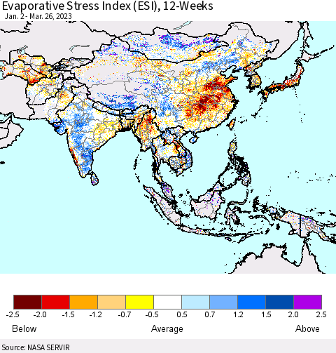 Asia Evaporative Stress Index (ESI), 12-Weeks Thematic Map For 3/20/2023 - 3/26/2023