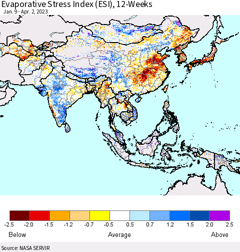 Asia Evaporative Stress Index (ESI), 12-Weeks Thematic Map For 3/27/2023 - 4/2/2023