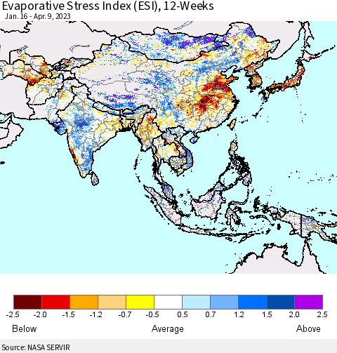 Asia Evaporative Stress Index (ESI), 12-Weeks Thematic Map For 4/3/2023 - 4/9/2023