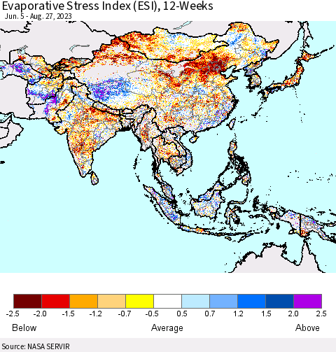 Asia Evaporative Stress Index (ESI), 12-Weeks Thematic Map For 8/21/2023 - 8/27/2023