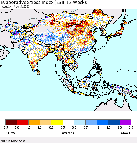 Asia Evaporative Stress Index (ESI), 12-Weeks Thematic Map For 10/30/2023 - 11/5/2023