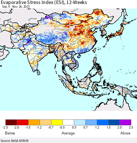 Asia Evaporative Stress Index (ESI), 12-Weeks Thematic Map For 11/20/2023 - 11/26/2023