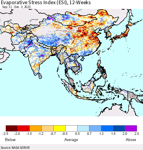 Asia Evaporative Stress Index (ESI), 12-Weeks Thematic Map For 11/27/2023 - 12/3/2023