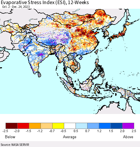 Asia Evaporative Stress Index (ESI), 12-Weeks Thematic Map For 12/18/2023 - 12/24/2023