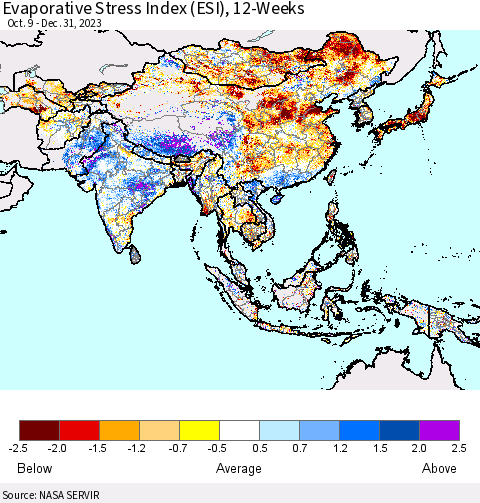 Asia Evaporative Stress Index (ESI), 12-Weeks Thematic Map For 12/25/2023 - 12/31/2023