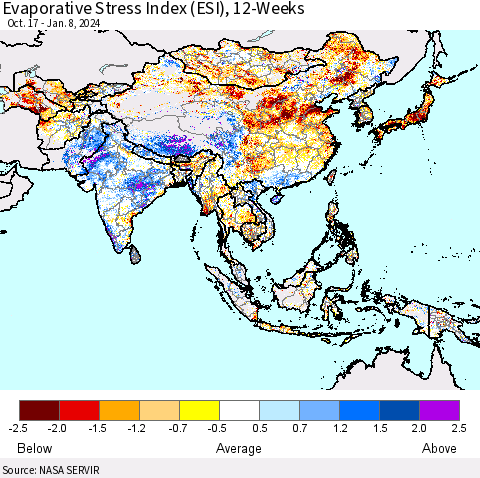 Asia Evaporative Stress Index (ESI), 12-Weeks Thematic Map For 1/8/2024 - 1/14/2024