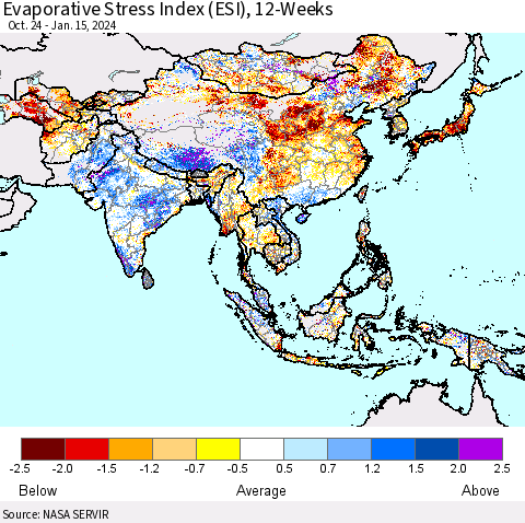 Asia Evaporative Stress Index (ESI), 12-Weeks Thematic Map For 1/15/2024 - 1/21/2024