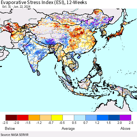 Asia Evaporative Stress Index (ESI), 12-Weeks Thematic Map For 1/22/2024 - 1/28/2024