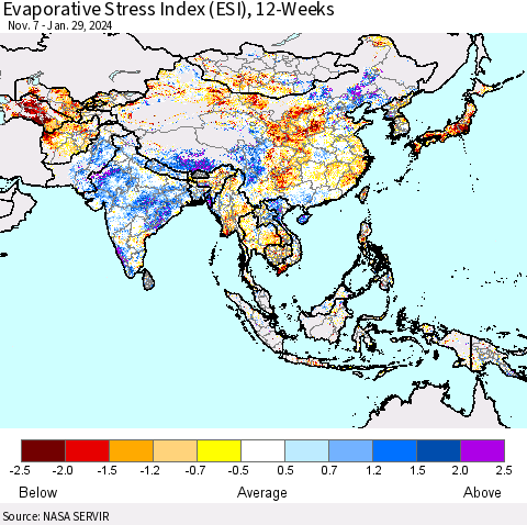 Asia Evaporative Stress Index (ESI), 12-Weeks Thematic Map For 1/29/2024 - 2/4/2024