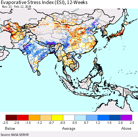Asia Evaporative Stress Index (ESI), 12-Weeks Thematic Map For 2/12/2024 - 2/18/2024