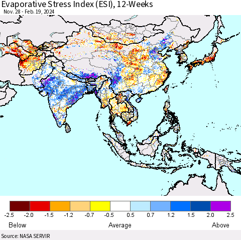Asia Evaporative Stress Index (ESI), 12-Weeks Thematic Map For 2/19/2024 - 2/25/2024