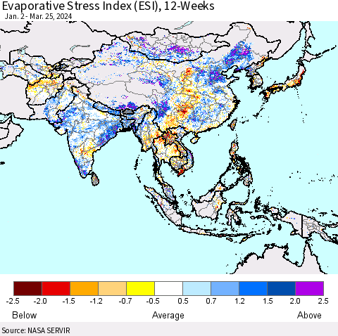 Asia Evaporative Stress Index (ESI), 12-Weeks Thematic Map For 3/25/2024 - 3/31/2024