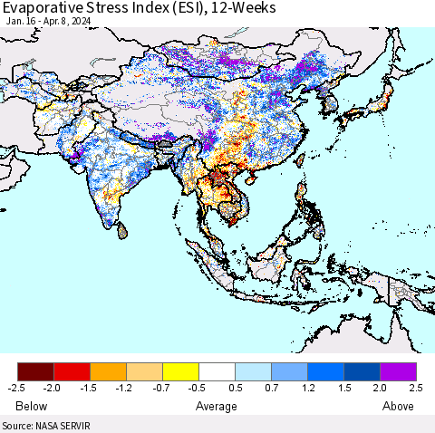 Asia Evaporative Stress Index (ESI), 12-Weeks Thematic Map For 4/8/2024 - 4/14/2024