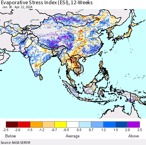 Asia Evaporative Stress Index (ESI), 12-Weeks Thematic Map For 4/22/2024 - 4/28/2024