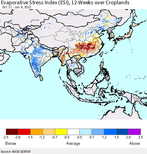 Asia Evaporative Stress Index (ESI), 12-Weeks over Croplands Thematic Map For 1/2/2023 - 1/8/2023