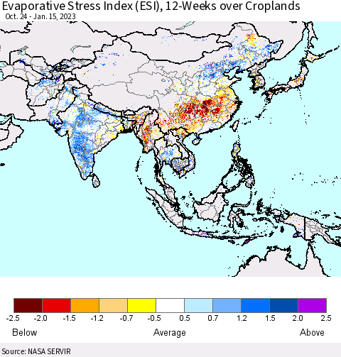 Asia Evaporative Stress Index (ESI), 12-Weeks over Croplands Thematic Map For 1/9/2023 - 1/15/2023