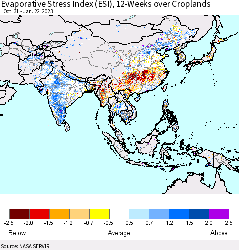 Asia Evaporative Stress Index (ESI), 12-Weeks over Croplands Thematic Map For 1/16/2023 - 1/22/2023