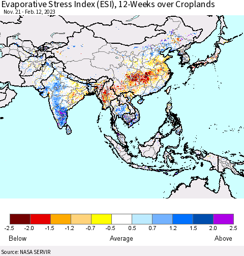 Asia Evaporative Stress Index (ESI), 12-Weeks over Croplands Thematic Map For 2/6/2023 - 2/12/2023