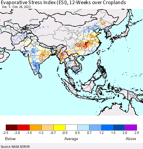 Asia Evaporative Stress Index (ESI), 12-Weeks over Croplands Thematic Map For 2/20/2023 - 2/26/2023