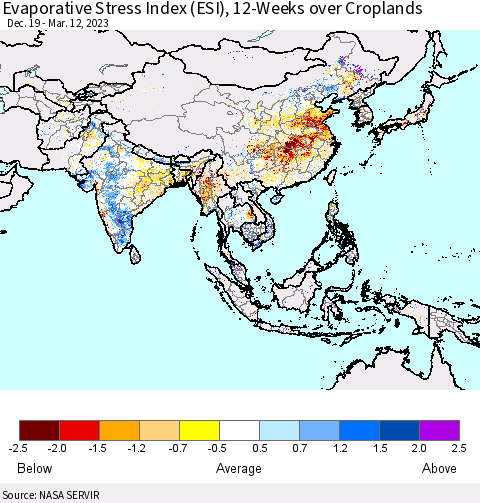 Asia Evaporative Stress Index (ESI), 12-Weeks over Croplands Thematic Map For 3/6/2023 - 3/12/2023