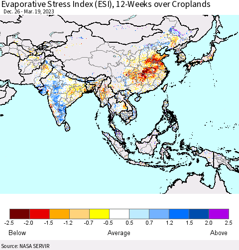 Asia Evaporative Stress Index (ESI), 12-Weeks over Croplands Thematic Map For 3/13/2023 - 3/19/2023
