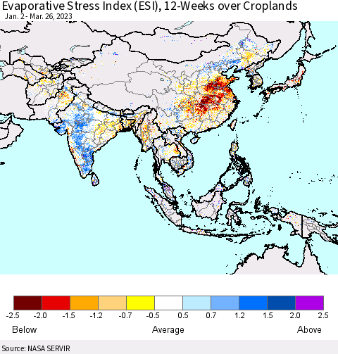 Asia Evaporative Stress Index (ESI), 12-Weeks over Croplands Thematic Map For 3/20/2023 - 3/26/2023