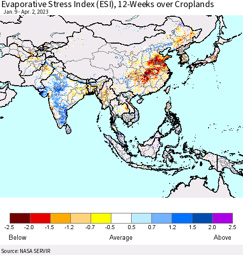 Asia Evaporative Stress Index (ESI), 12-Weeks over Croplands Thematic Map For 3/27/2023 - 4/2/2023