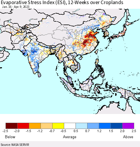 Asia Evaporative Stress Index (ESI), 12-Weeks over Croplands Thematic Map For 4/3/2023 - 4/9/2023