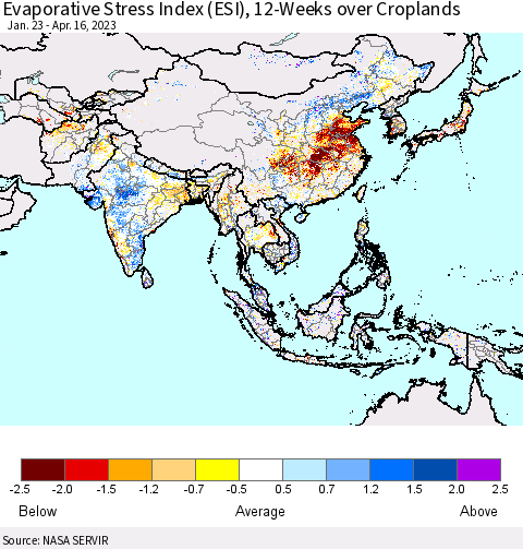Asia Evaporative Stress Index (ESI), 12-Weeks over Croplands Thematic Map For 4/10/2023 - 4/16/2023