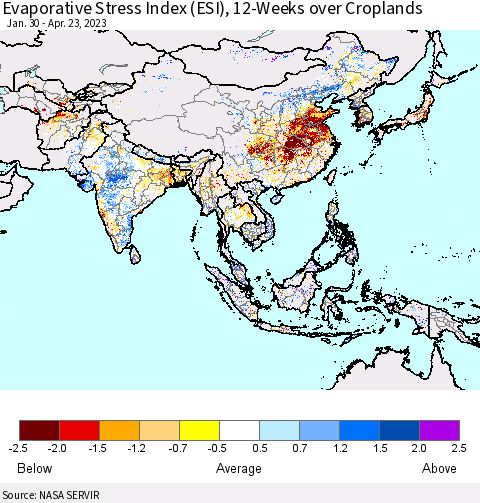 Asia Evaporative Stress Index (ESI), 12-Weeks over Croplands Thematic Map For 4/17/2023 - 4/23/2023